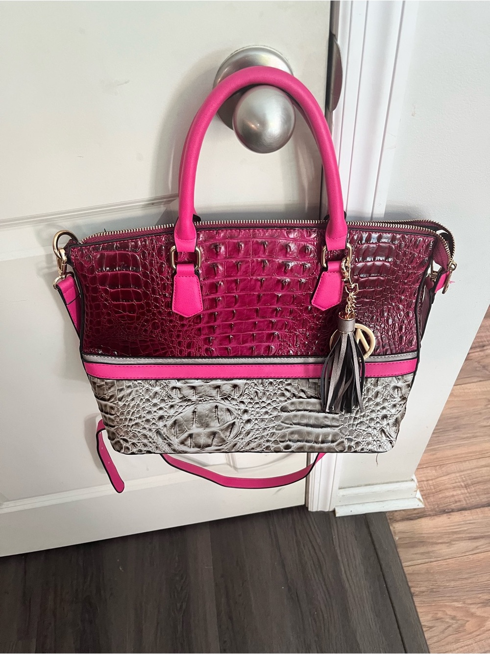Croc-Embossed Two-Tone Shoulder Satchel in Hot Pink and Silver